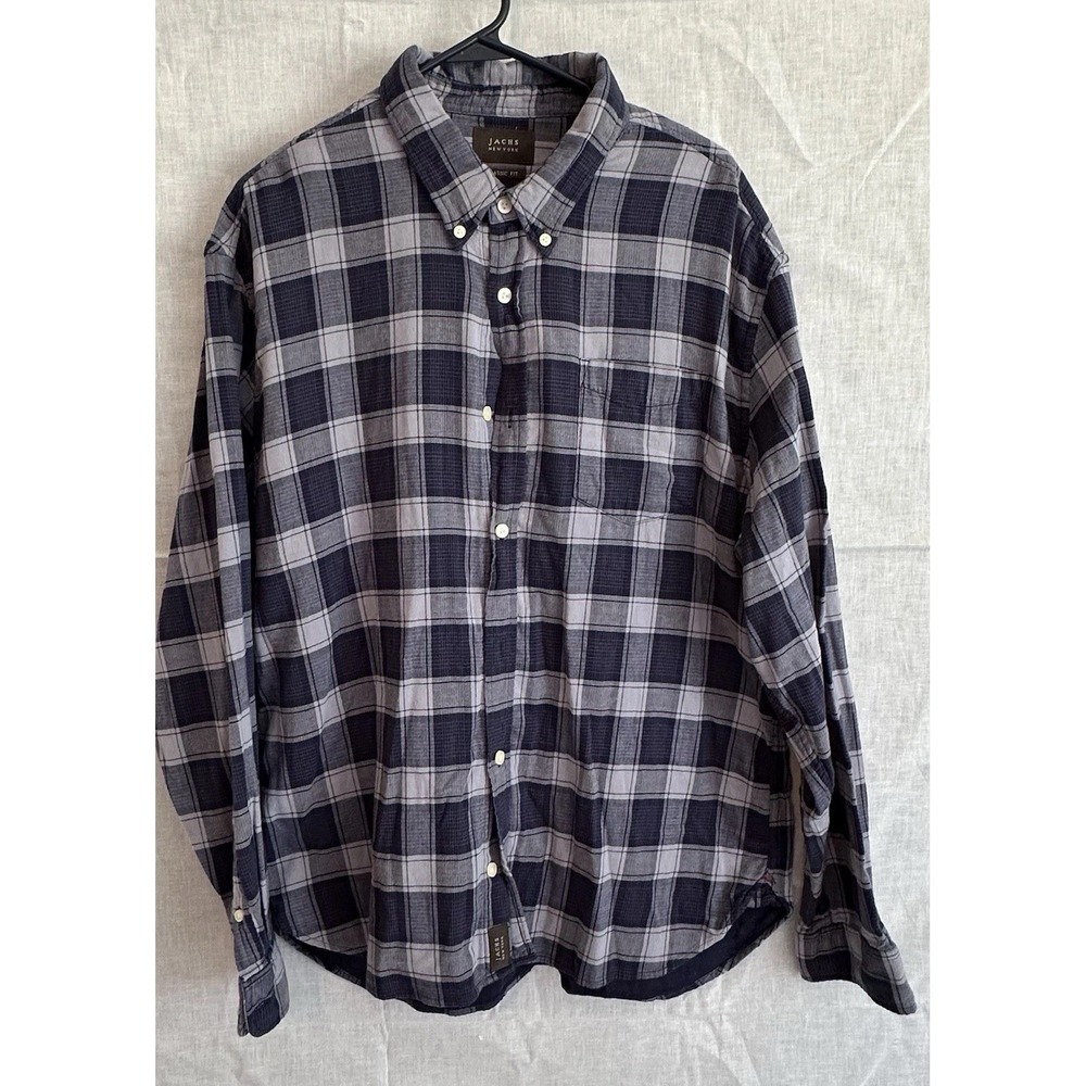 Jachs New York Mens XL Blue Gray Plaid Button Down Shirt Classic Fit Stretch